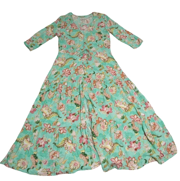 Anthropologie Sunday Mi Amour Green Floral Pullover Boho Tiered Maxi Dress Small - Picture 1 of 6
